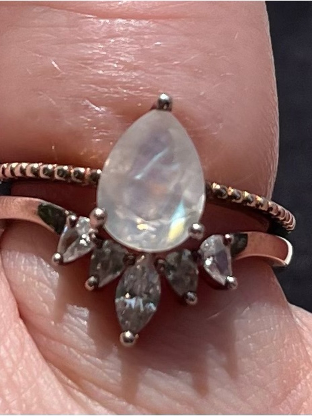 Sterling Pear Rainbow Moonstone Halo Ring Set
